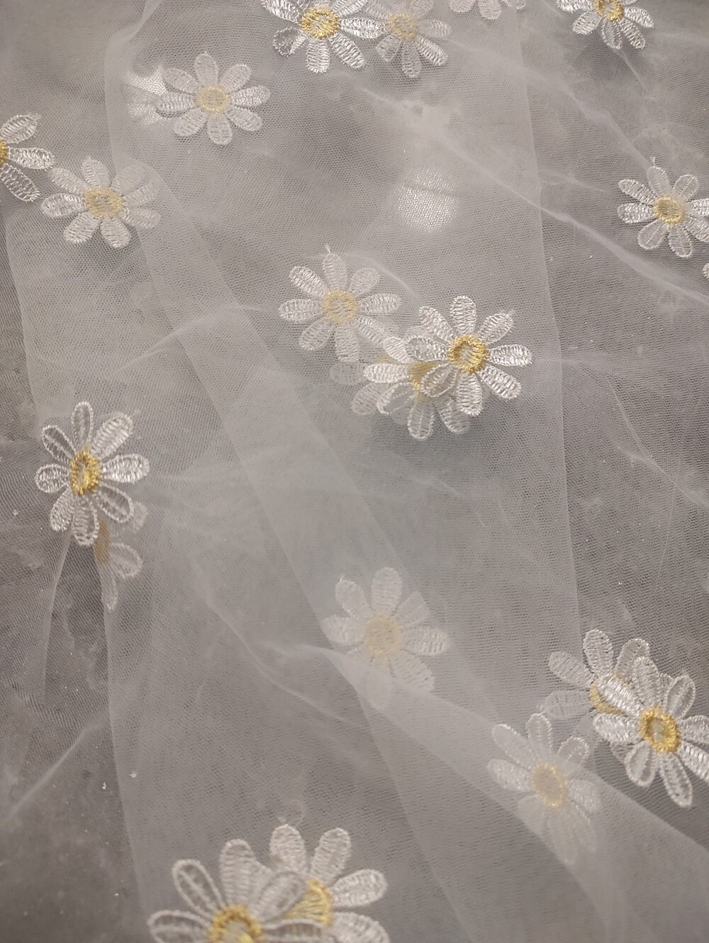 Lace Fabric, Beautiful Floral Embroidery Lace Tulle White Mesh with yellow